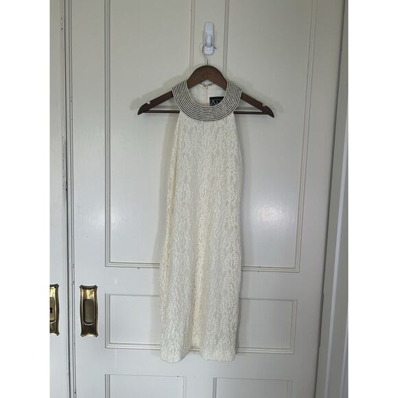 Vintage 90s Alex Evenings Pearl Halter Lace Bodycon Dress Womens Size 4 Ivory - Picture 1 of 8